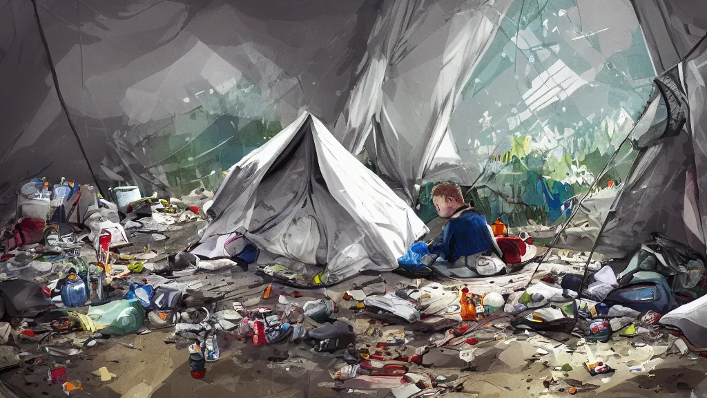 Prompt: an illustration of a messy camping tent, with a kid sitting in the corner, waste everywhere, high contrast, highly detailed, sharp focus, digital painting, illustration, trending on artstation,