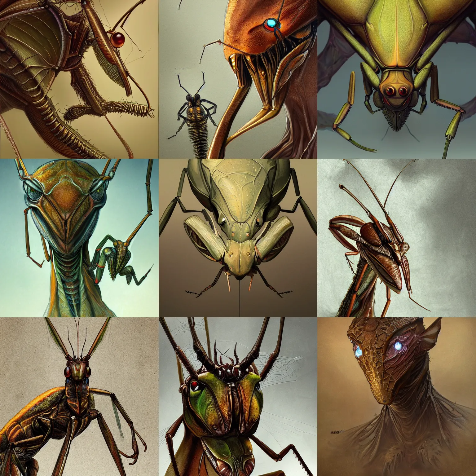 Prompt: portrait of an anthropomorphic insectoid, predatory praying mantis, brown exoskeleton, flat triangle - shaped head, thin antennae, concept art, deep focus, fantasy, intricate, highly detailed, digital painting, artstation, matte, sharp focus, illustration, art by marc simonetti