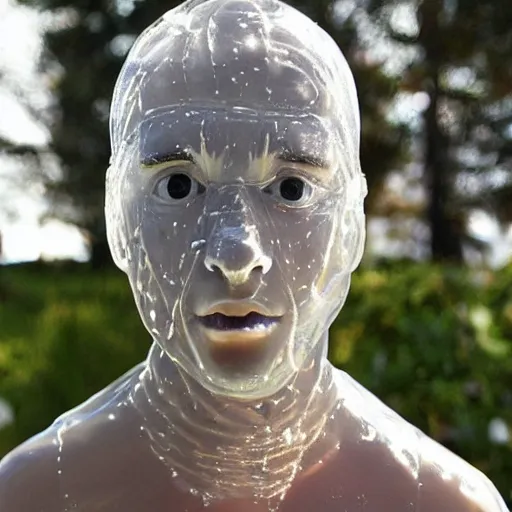 Prompt: Human made of plastic filled with water.