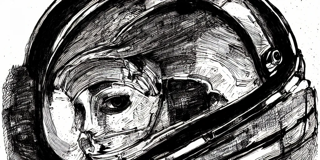 Prompt: ink lineart drawing portrait of a woman wearing a space helmet, closeup of her eyes, space background, artstation, etchings by goya, chinese brush pen, illustration, high contrast, deep black tones contour