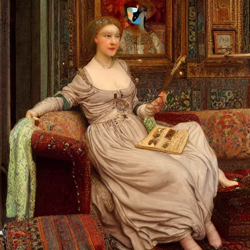 Prompt: a renaissance oil painting of a beautiful woman inside an intricately decorated living room by Alma Tadema, pastel color scheme, digital painting