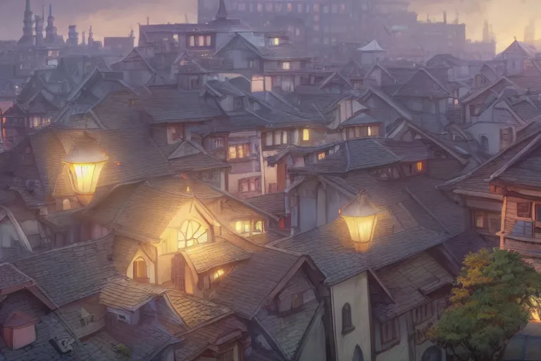 Image similar to a wholesome animation key shot of a city with roofs with tiles, medium shot, studio ghibli, pixar and disney animation, sharp, rendered in unreal engine 5, anime key art by greg rutkowski, bloom, dramatic lighting
