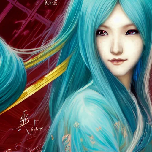 Image similar to a beautiful portrait of hatsune miku with teal colored hair with deep red highlights as an ancient chinese sorceress, space fantasy, in the style of magic the gathering, intricate, elegant, highly detailed, digital painting, artstation, concept art, matte, sharp focus, illustration, art by greg rutkowski and alphonse mucha