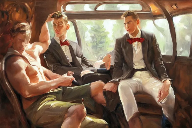 Image similar to 2 attractive men sitting on a coach in forest, painting by vladimir volegov, j. c. leyendecker, tom of finland, trending on artstation