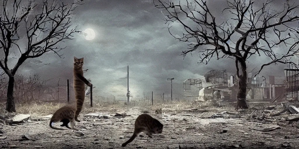Image similar to a nuclear apocalypse with a lonely cat as the last survivor