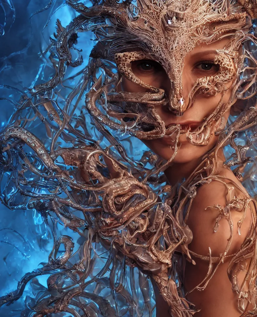 Image similar to close-up macro portrait of the face of a beautiful princess with animal skull mask and ribcage, epic angle and pose, symmetrical artwork, 3d with depth of field, blurred background, cybernetic jellyfish female face skull phoenix bird, translucent, nautilus, energy flows of water and fire. a highly detailed epic cinematic concept art CG render. made in Maya, Blender and Photoshop, octane render, excellent composition, cinematic dystopian brutalist atmosphere, dynamic dramatic cinematic lighting, aesthetic, very inspirational, arthouse. y Greg Rutkowski, Ilya Kuvshinov, WLOP, Stanley Artgerm Lau, Ruan Jia and Fenghua Zhong