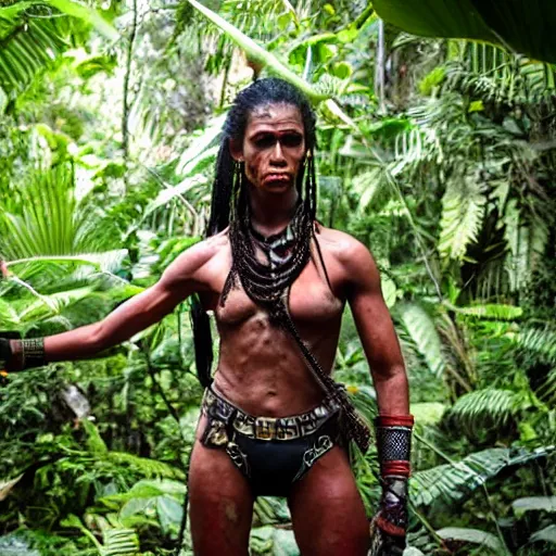 Prompt: Female Yautja trophy hunter posing in the jungle