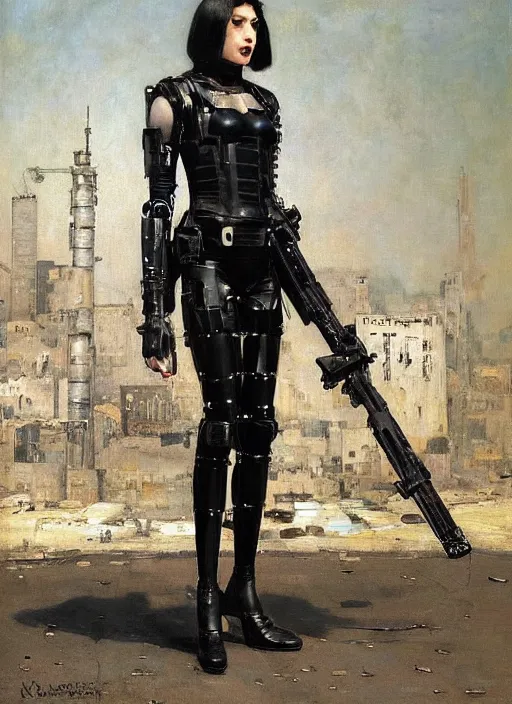 Image similar to Sgt Eliza Grim. Menacing Cyberpunk policewoman towering with robotic stilt legs and combat vest. (dystopian, police state, Cyberpunk 2077, bladerunner 2049). Iranian orientalist portrait by john william waterhouse and Edwin Longsden Long and Theodore Ralli and Nasreddine Dinet, oil on canvas. Cinematic, vivid colors, hyper realism, realistic proportions, dramatic lighting, high detail 4k