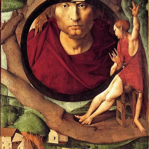 Prompt: A land art. A rip in spacetime. Did this device in his hand open a portal to another dimension or reality?! maroon by Filippino Lippi expressive