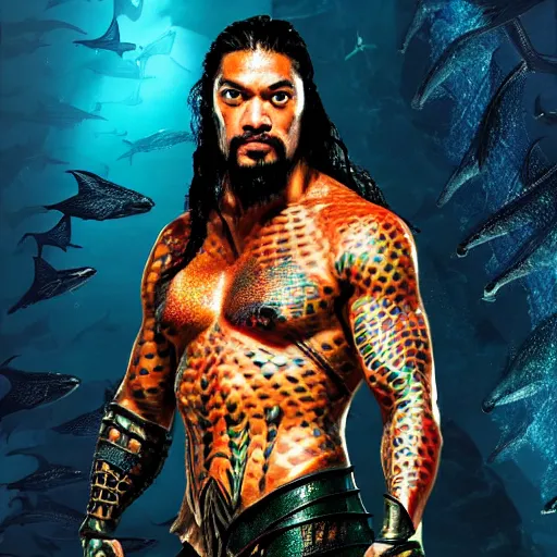 Image similar to roman reigns as aquaman, artstation hall of fame gallery, editors choice, #1 digital painting of all time, most beautiful image ever created, emotionally evocative, greatest art ever made, lifetime achievement magnum opus masterpiece, the most amazing breathtaking image with the deepest message ever painted, a thing of beauty beyond imagination or words, 4k, highly detailed, cinematic lighting
