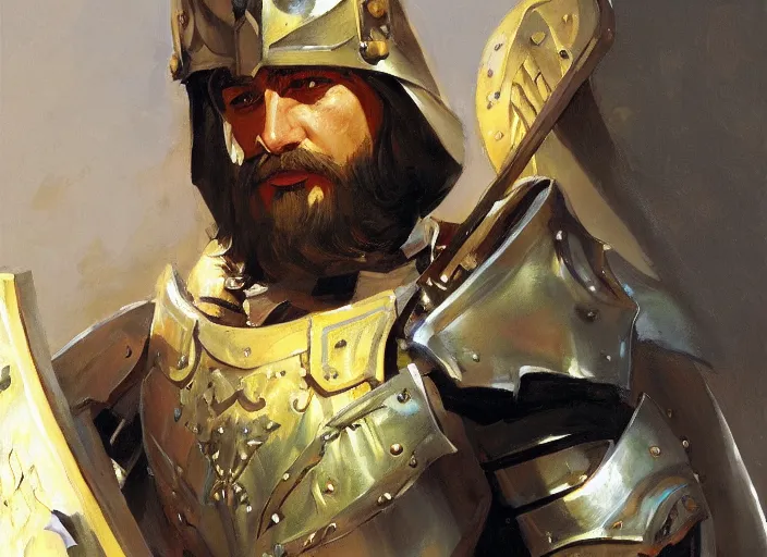 Image similar to a highly detailed beautiful portrait of a paladin with a shield and sword, by gregory manchess, james gurney, james jean