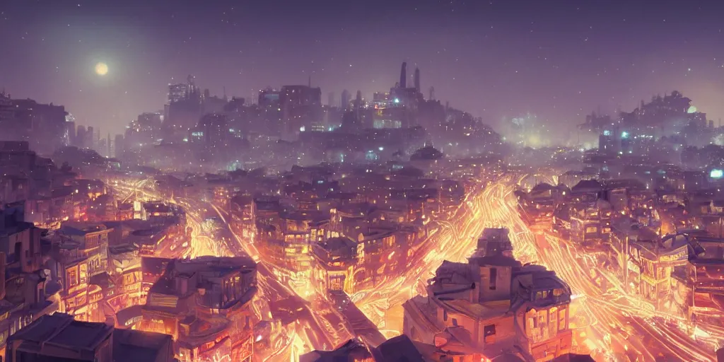 Prompt: a city of lights and wine, a city of crime, a prosperous and evil modern city under the starry sky in the dark. a wholesome animation key shot, covered by nature hipster vibes by studio ghibli, animation, sharp, rendered in unreal engine 5, focused, anime key art by greg rutkowski, bloom, dramatic lighting