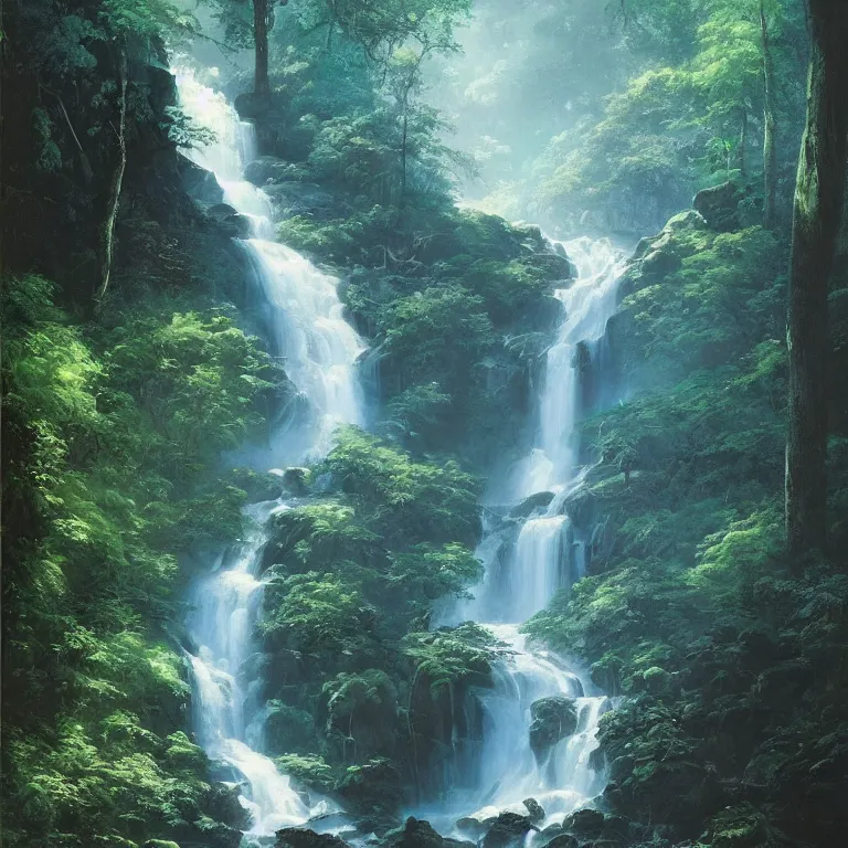 Image similar to A beautiful oil painting of a very tall waterfall on a very rocky cliff, in the middle of a huge forest of trees with bright blue glowing leaves, by Greg Rutkowski