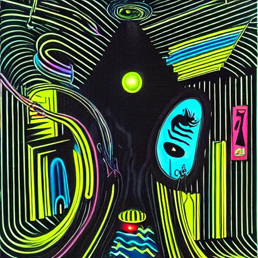 Prompt: dark black void filled with neon energy, extremely detailed masterpiece by dr. seuss and max ernst