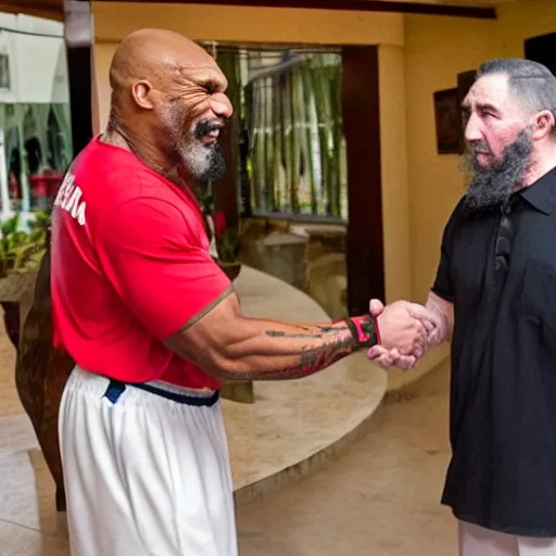 Image similar to cinematic shot of mike tyson and fidel castro shaking hands in a cuban resort, 8 k, very detailed, very intricate, detailed faces,