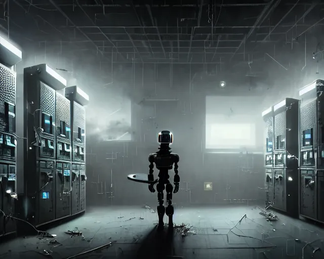 Image similar to gloomy colossal ruined server room in datacenter robot figure automata headless drone robot knight welder posing pacing fixing soldering mono sharp focus, emitting diodes, smoke, artillery, sparks, racks, system unit, motherboard, by pascal blanche rutkowski artstation hyperrealism cinematic dramatic painting concept art of detailed character design matte painting, 4 k resolution blade runner