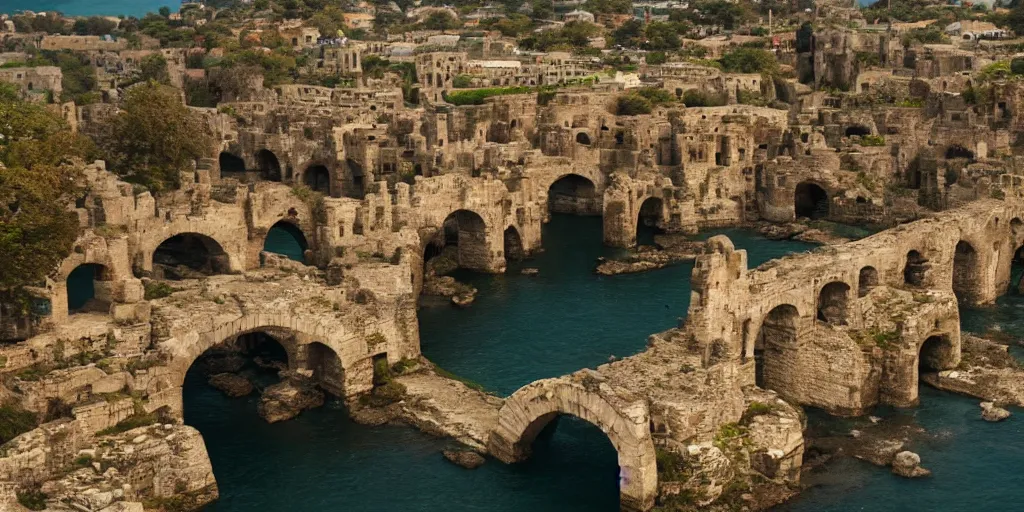 Prompt: ancient city on top of a tall bridge structure over the ocean, one narrow strip of city on one tall bridge, tall arches, long, fading off into the distance, artstation