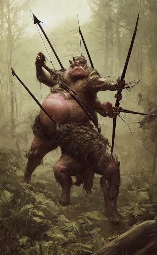 Image similar to portait of a pig archer shooting arrow at forest monster, front game card, drark, marvel comics, dark, intricate, highly detailed, smooth, artstation, digital illustration by ruan jia and mandy jurgens and artgerm and wayne barlowe and greg rutkowski and zdislav beksinski