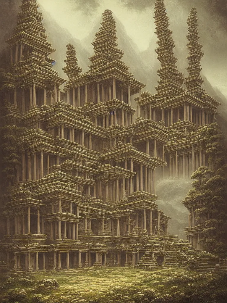 Prompt: mysterious ancient dieties hovering over magical temple, highly detailed by ernst steiner