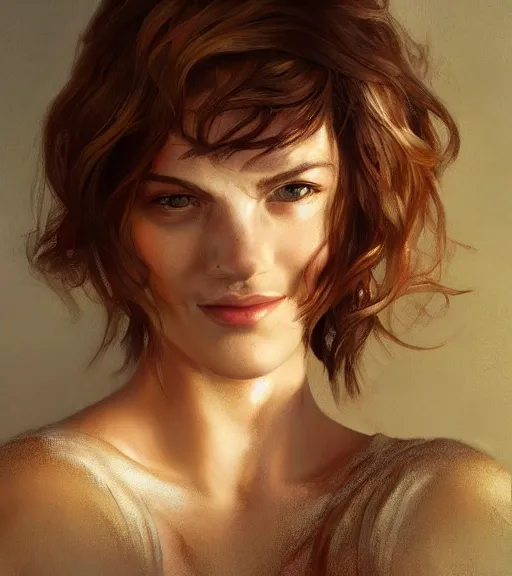 Image similar to portrait of a young woman, soft features, gentle smile, muscular, half body, cloth, short brown hair, back light, d & d, fantasy, intricate, highly detailed, digital painting, artstation, concept art, smooth, sharp focus, illustration, art by artgerm and greg rutkowski and alphonse mucha