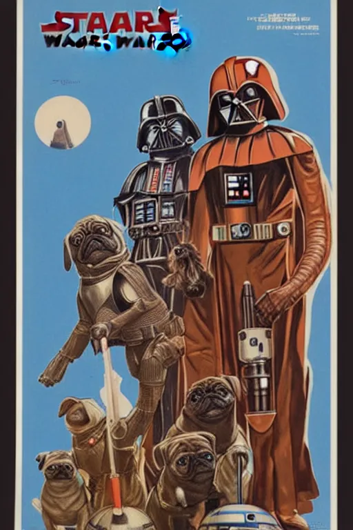 Image similar to vintage star wars movie poster by tom jung, with pugs droids and pug darth vader, film art gallery