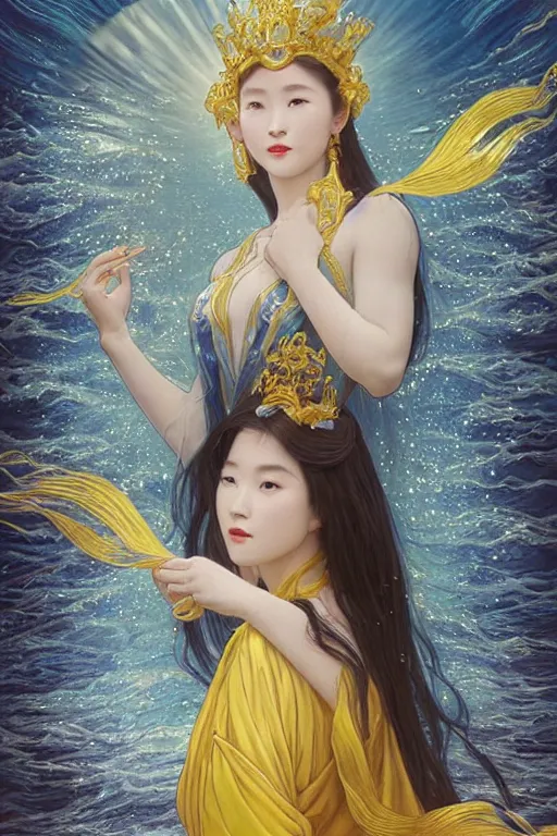 Prompt: a beautiful young woman, Queen of the Sea Mu Yanling, long flowing white hair, blue and yellow robe that resembles floating wings, water flowing and floating around, young female face, liquid magic, cinematic top lighting, insanely detailed and intricate, face by Artgerm, design by Alphonse Mucha, Kuvshinov Ilya, Irakli Nadar, render by krenz cushart, golden ratio, symmetrical proportions, elegant, ornate, luxury, elite, matte painting, MTG, magic the gathering, trending on artstation, cinematic, cgsociety, 8k, high resolution,