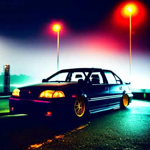 Image similar to a car JZX90 at illegal car meet, Chiba prefecture, city midnight mist lights, cinematic color, photorealistic, highly detailed, 50MM