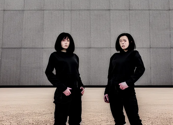 Image similar to closeup photographic portrait of 2 clones in front of a brutalist metal building, 2 techwear women, on a desolate plain, red sky, black oversized clothes, sigma 8 5 mm f / 1. 4, 4 k, depth of field, 8 k, high resolution, hd, full color