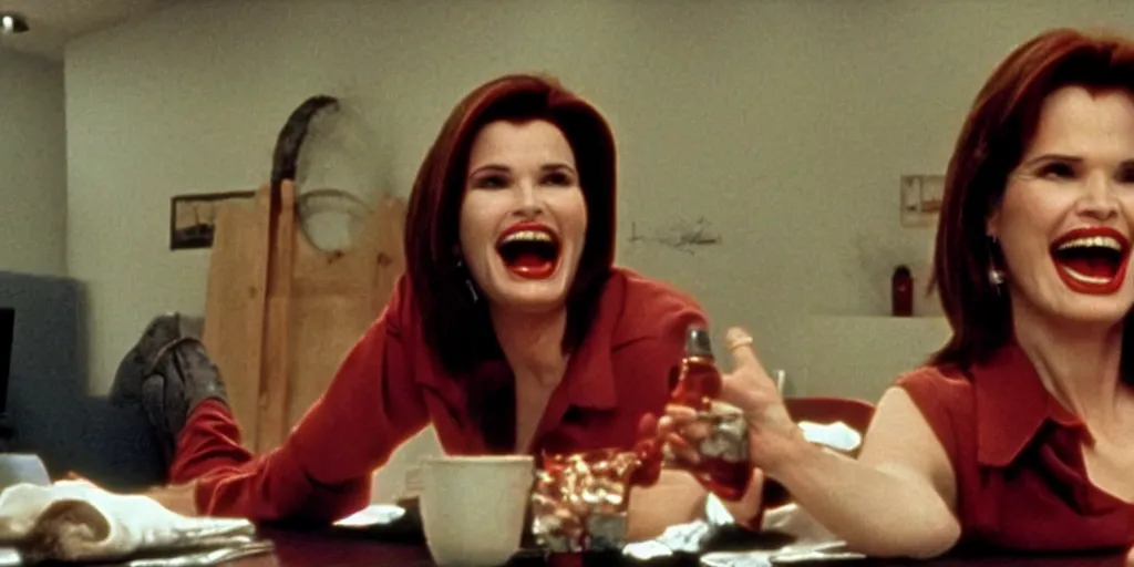 Image similar to still frame of Geena Davis in Pulp Fiction laughing hysterically over a joke