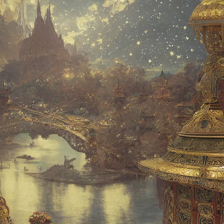 Image similar to a beautiful painting of the view from the river of the stately pleasure domes of kublai khan in xanadu, at night with a sky full of stars, intricate, elegant, highly detailed, digital painting, artstation, concept art, by krenz cushart and artem demura and alphonse mucha