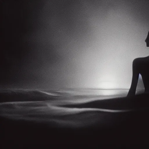 Prompt: film still of ominous ethereal female figure waiting in the depths of a dark ocean on a moonlit night, cinematography by Vadim Yusov
