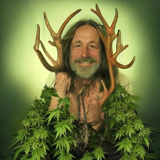 Prompt: intoxicated lazy older hippie wearing twigs and leaves and antlers smiling sheepishly in a field of cannabis plants, highly detailed, dramatic lighting, night time, cinematic, sci - fi, hyperrealistic, detailed