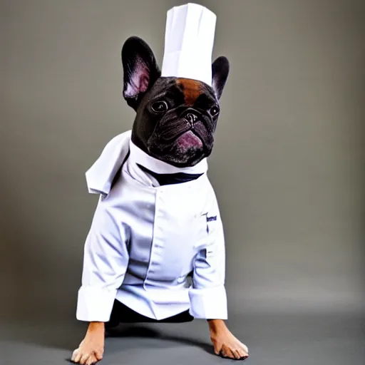 Prompt: black French Bulldog dressed as a chef