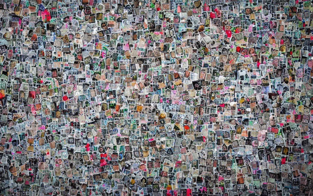 Prompt: photo of a wall covered in hundreds of pictures of a wall with hundreds of pictures of a wall with hundreds of pictures, 8k