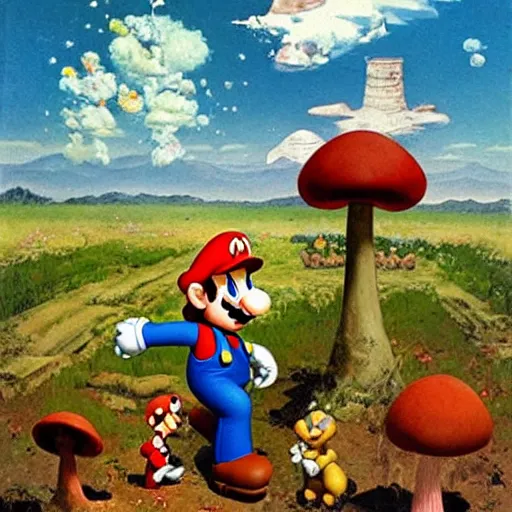 Prompt: super mario lost in the mushroom fields, landscape, on oil painting by frank frazetta