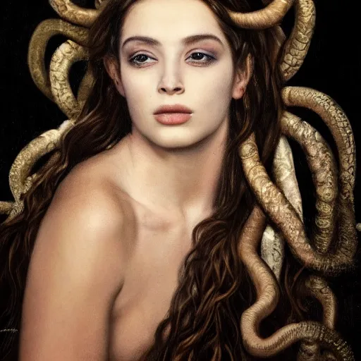 Prompt: Head and shoulders masterpiece portrait of the beautiful goddess Lana Rhoades as Medusa the greek goddess, she is looking straight to the camera, she has a glow coming from her, she is getting illuminated for rays of light, behind is a scary atmosphere, she is posing, the photo was taking by Annie Leibovitz, matte painting, oil painting, naturalism, 4k, 8k