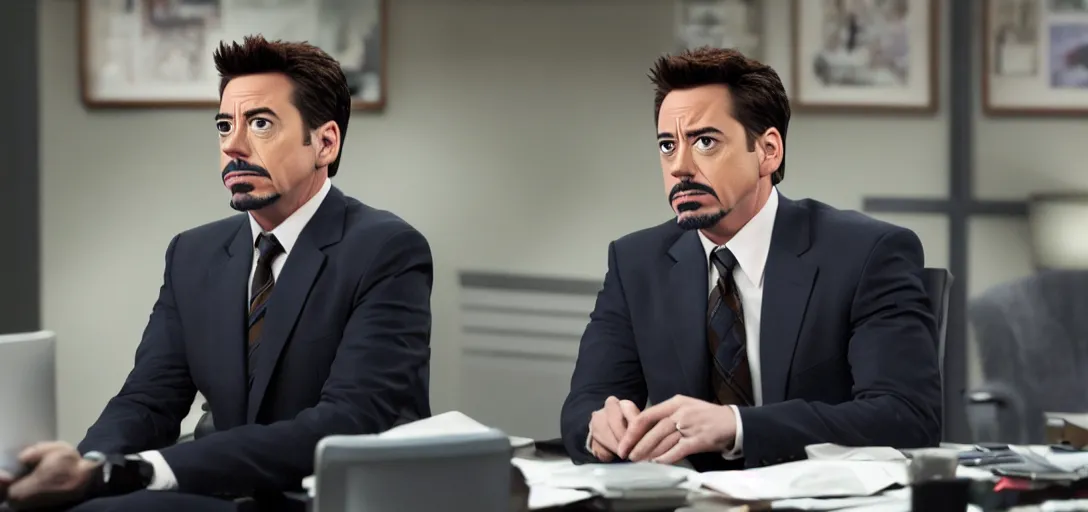 Prompt: a very high resolution image of tony stark. from an episode of the office with micheal scott. photorealistic, photography