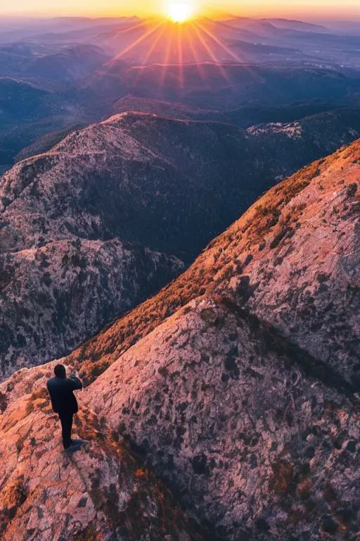 Image similar to a movie still of a man standing on the top of a mountain landscape at sunset, drone shot, golden hour