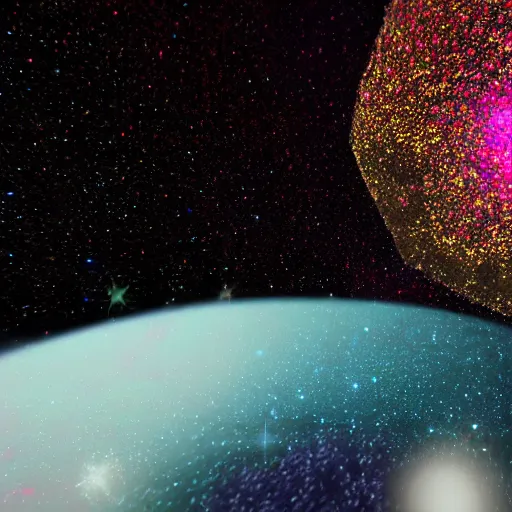 Prompt: glitter in space, raytracing, unreal engine tech demo, 5 5 mm