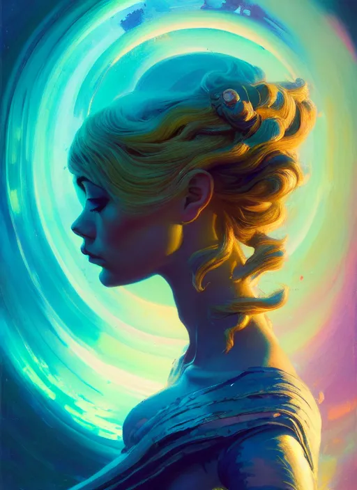 Prompt: side portrait, imogen poots, paladin, fantasy, gloomhaven, luminescent, tarot, organic painting, colorful swirly ripples, gaudy colors, by greg manchess, huang guangjian, gil elvgren, sachin teng, greg rutkowski, jesper ejsing, ilya kuvshinov