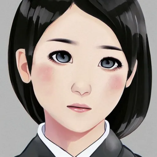 Prompt: a pretty young girl of 2 5, japanese, with big eyes, short shoulder - length hair and a suit ， by tiv