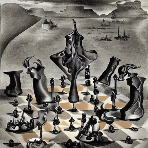 Image similar to an infinite chessboard covered with abstract chess pieces in a surreal landscape, surrealism, by Salvador Dali, intricate, complex, highly detailed, masterpiece