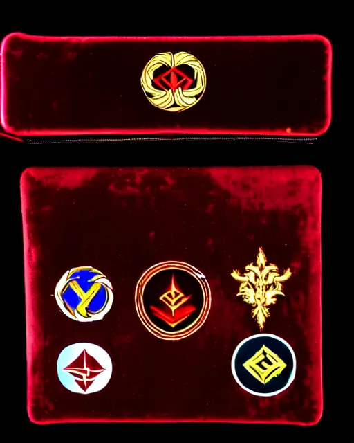 Prompt: several emblems with an elemental design are in a red velvet lined case.