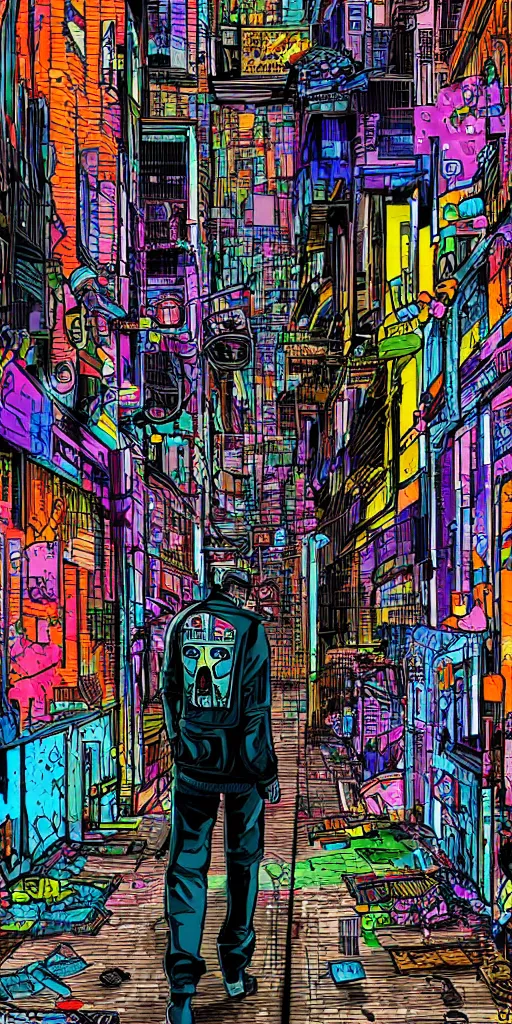 Image similar to person standing in a cyberpunk alley, pop art, markers, rtx, 8 k, ray tracing, highly detailed