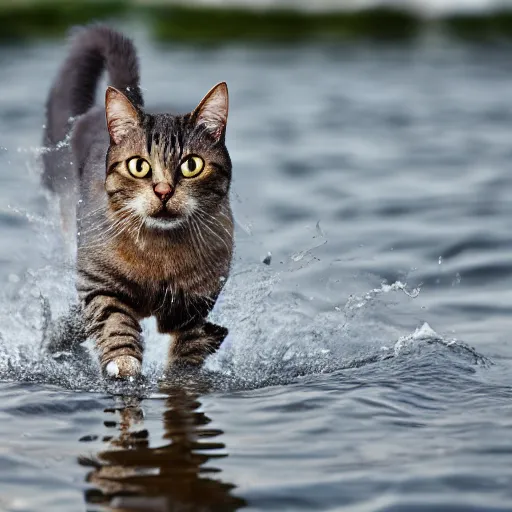 Prompt: a cat walking on water