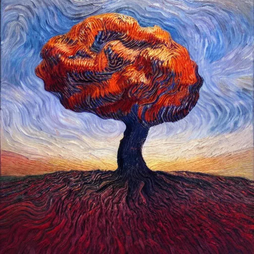 Image similar to Trending on artstation, highly detailed oil painting of a tree, in the style of Salvador Dalí, in the style of Vincent van Gogh