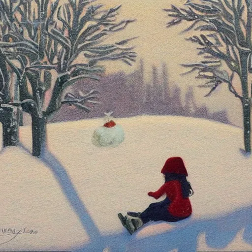 Prompt: snowy landscape at twilight and highly detailed depiction of girl eating a red apple