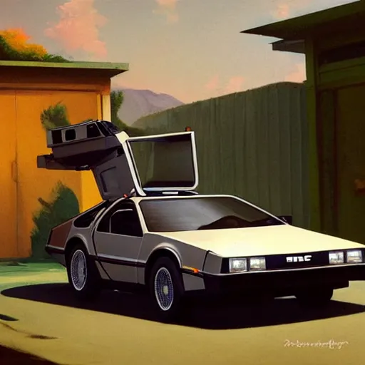 Image similar to a cinematic matte painting of a boxy 1 9 8 0 s delorean - like car with solar panels on roof and doors, being worked on by a mechanic, in a cluttered garage in india. by edward hopper, glennray tutor and greg rutkowski. trending on artstation.