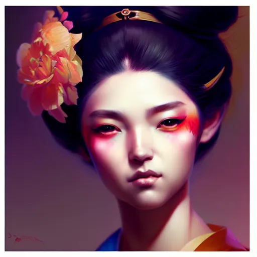 Image similar to pretty geisha, d & d digital painting, ultra realistic, beautiful, volumetric lighting, warm colors advance, cell shading, by james jean, greg rutkowski, wlop