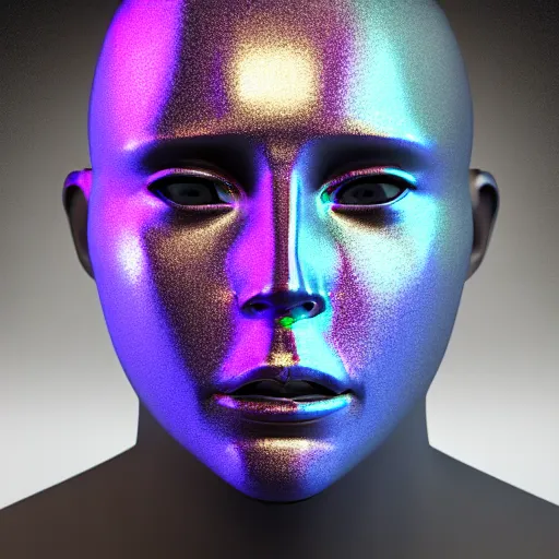 Image similar to 3d render of holographic human robotic head made of glossy iridescent, surrealistic 3d illustration of a human face non-binary, non binary model, 3d model human, cryengine, made of holographic texture, holographic material, holographic rainbow, concept of cyborg and artificial intelligence